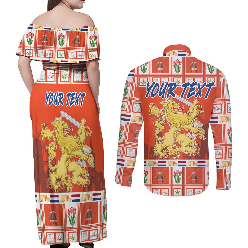 Personalized Netherlands Christmas Couples Matching Off Shoulder Maxi Dress and Long Sleeve Button Shirt Coat Of Arms - Prettige Kerst - Wonder Print Shop