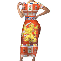 Personalized Netherlands Christmas Short Sleeve Bodycon Dress Coat Of Arms - Prettige Kerst - Wonder Print Shop