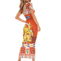 Personalized Netherlands Christmas Short Sleeve Bodycon Dress Coat Of Arms - Prettige Kerst - Wonder Print Shop