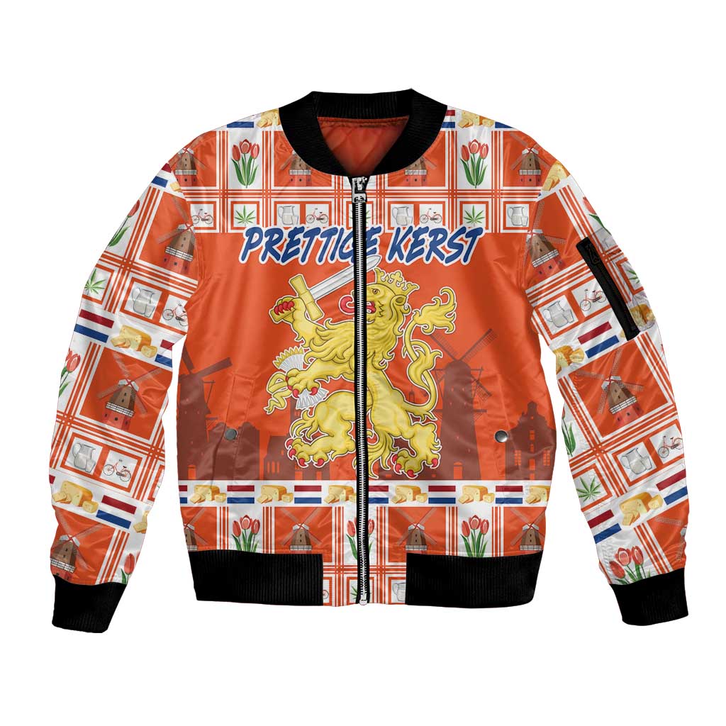 Personalized Netherlands Christmas Sleeve Zip Bomber Jacket Coat Of Arms - Prettige Kerst - Wonder Print Shop