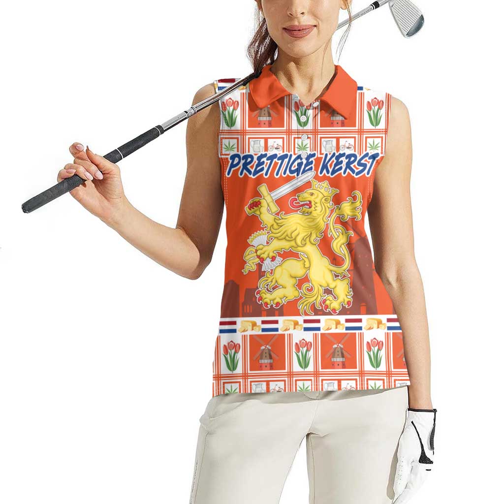 Personalized Netherlands Christmas Women Sleeveless Polo Shirt Coat Of Arms - Prettige Kerst - Wonder Print Shop