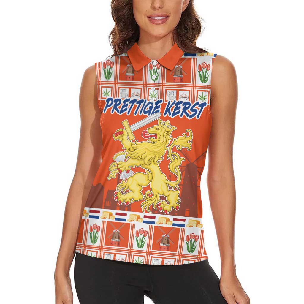 Personalized Netherlands Christmas Women Sleeveless Polo Shirt Coat Of Arms - Prettige Kerst - Wonder Print Shop