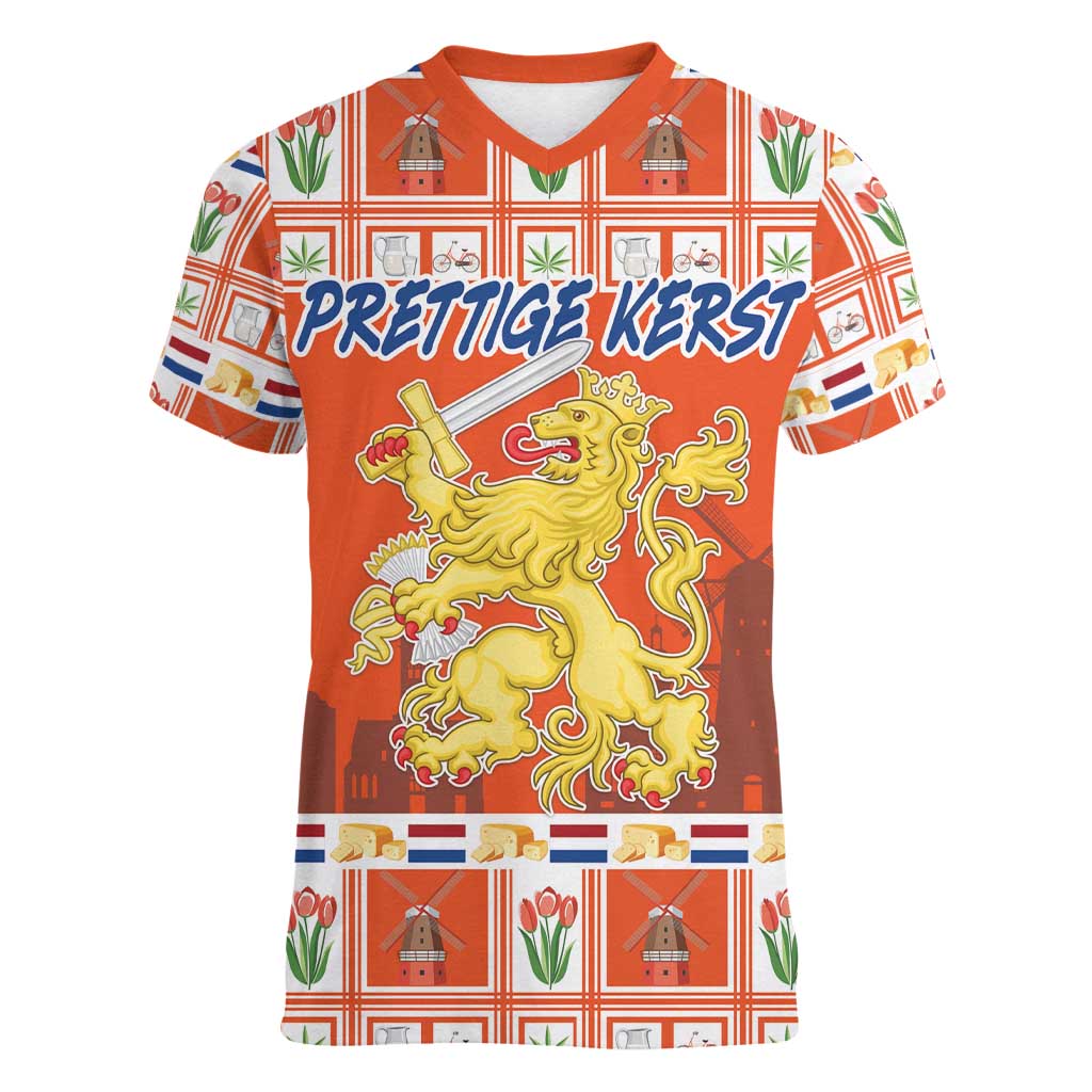 Personalized Netherlands Christmas Women V-Neck T-Shirt Coat Of Arms - Prettige Kerst - Wonder Print Shop