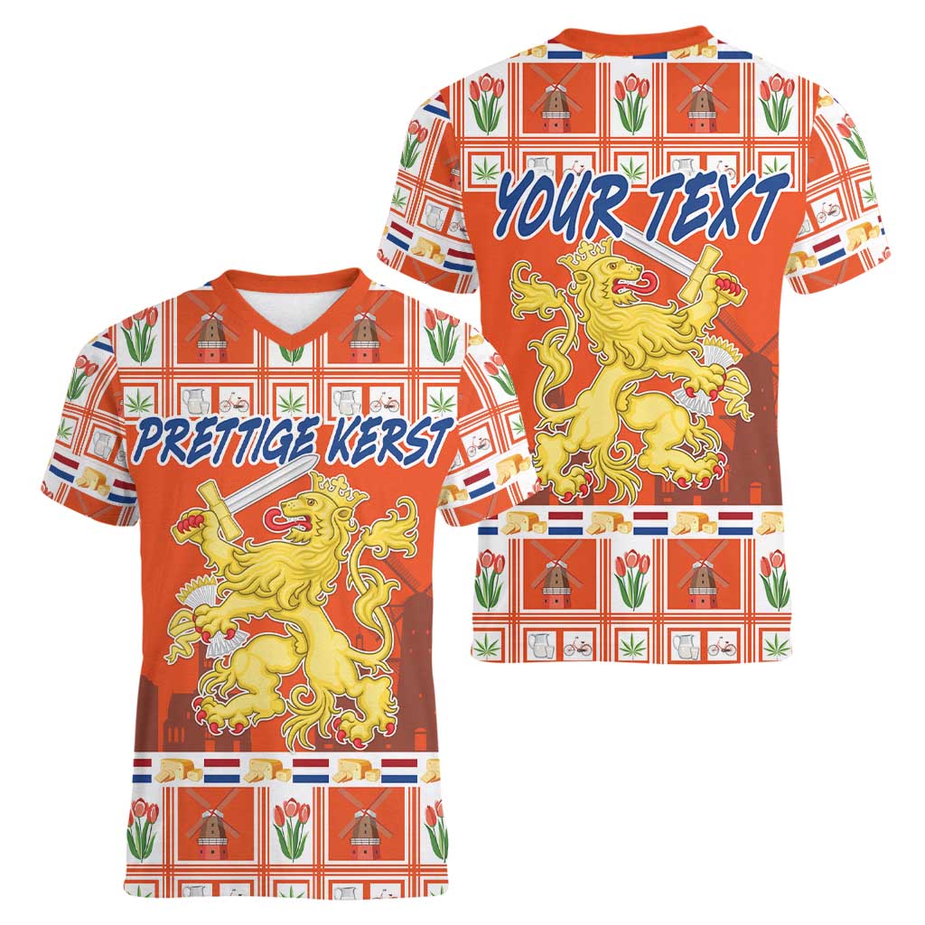 Personalized Netherlands Christmas Women V-Neck T-Shirt Coat Of Arms - Prettige Kerst - Wonder Print Shop