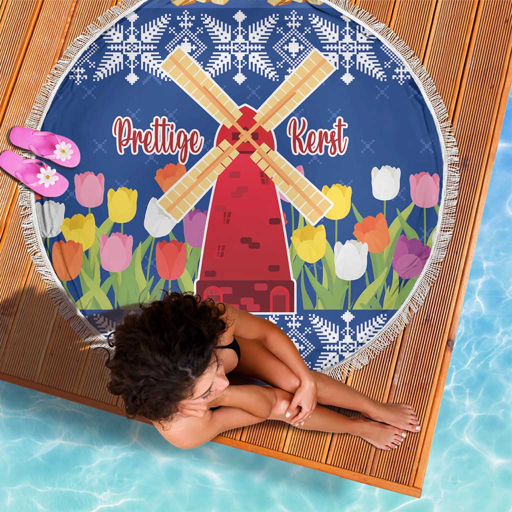 Netherlands Christmas Beach Blanket Windmills With Tulip Flowers - Wonder Print Shop