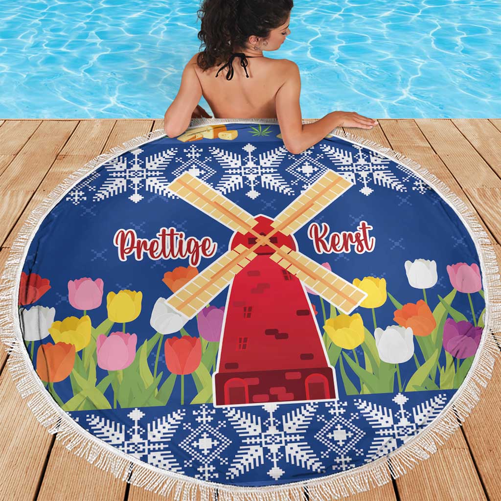 Netherlands Christmas Beach Blanket Windmills With Tulip Flowers - Wonder Print Shop
