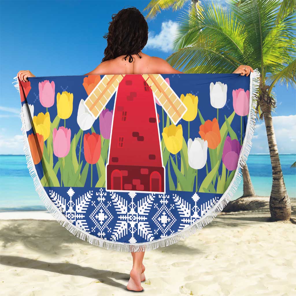 Netherlands Christmas Beach Blanket Windmills With Tulip Flowers - Wonder Print Shop