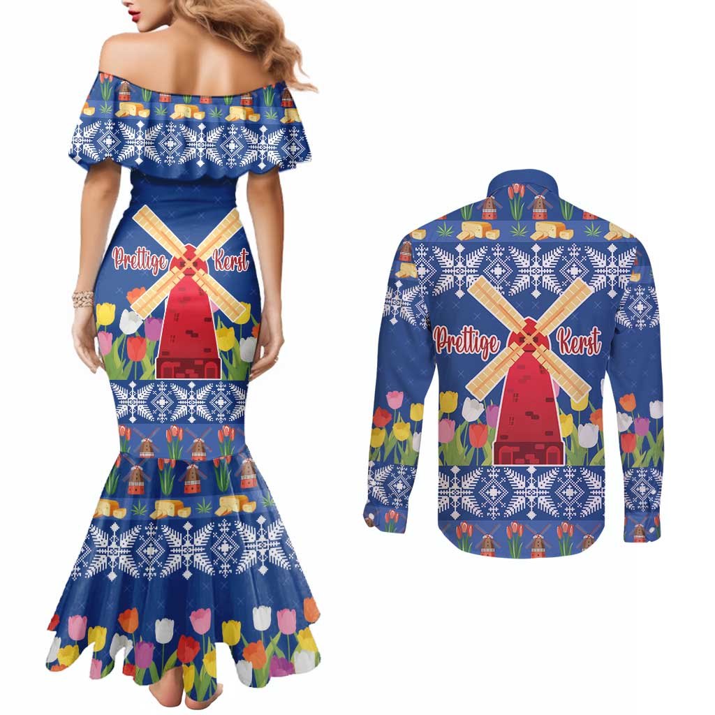 Netherlands Christmas Couples Matching Mermaid Dress and Long Sleeve Button Shirt Windmills With Tulip Flowers
