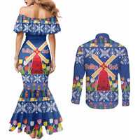 Netherlands Christmas Couples Matching Mermaid Dress and Long Sleeve Button Shirt Windmills With Tulip Flowers