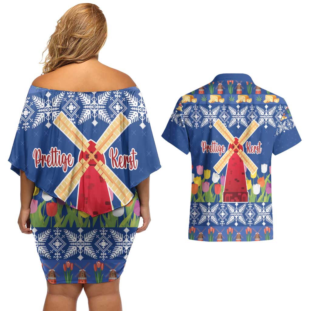 Netherlands Christmas Couples Matching Off Shoulder Short Dress and Hawaiian Shirt Windmills With Tulip Flowers - Wonder Print Shop