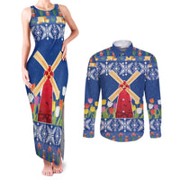 Netherlands Christmas Couples Matching Tank Maxi Dress and Long Sleeve Button Shirt Windmills With Tulip Flowers - Wonder Print Shop