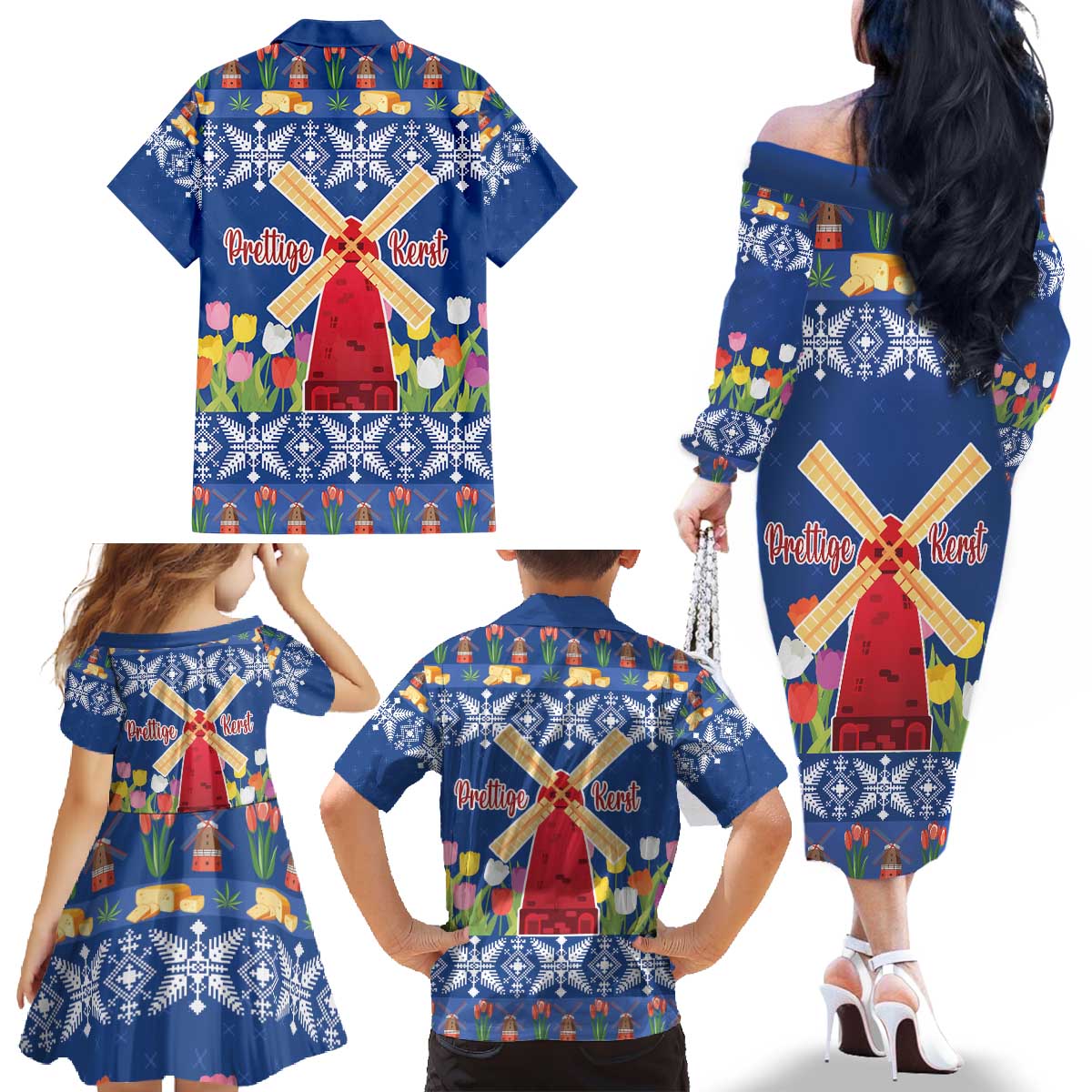 Netherlands Christmas Family Matching Off The Shoulder Long Sleeve Dress and Hawaiian Shirt Windmills With Tulip Flowers - Wonder Print Shop