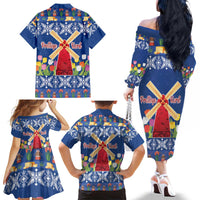 Netherlands Christmas Family Matching Off The Shoulder Long Sleeve Dress and Hawaiian Shirt Windmills With Tulip Flowers - Wonder Print Shop