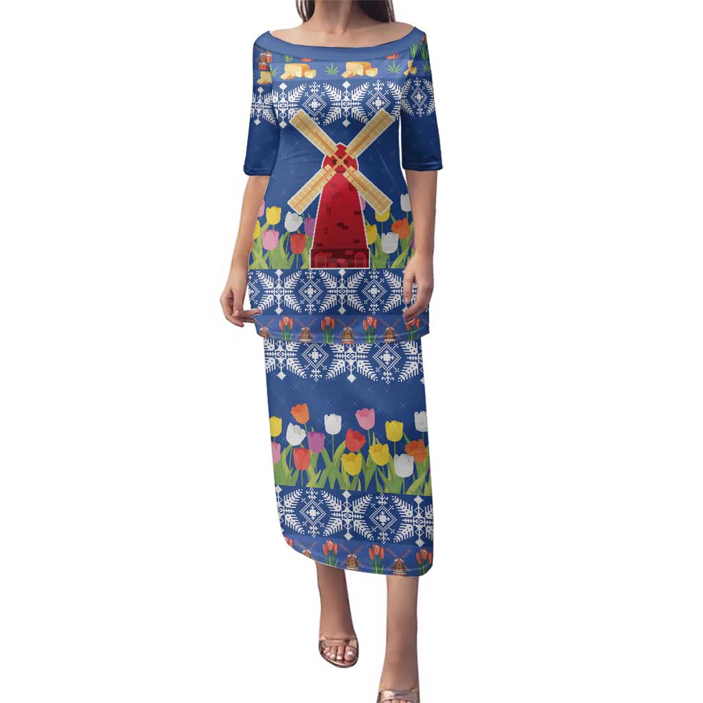 Netherlands Christmas Family Matching Puletasi and Hawaiian Shirt Windmills With Tulip Flowers - Wonder Print Shop
