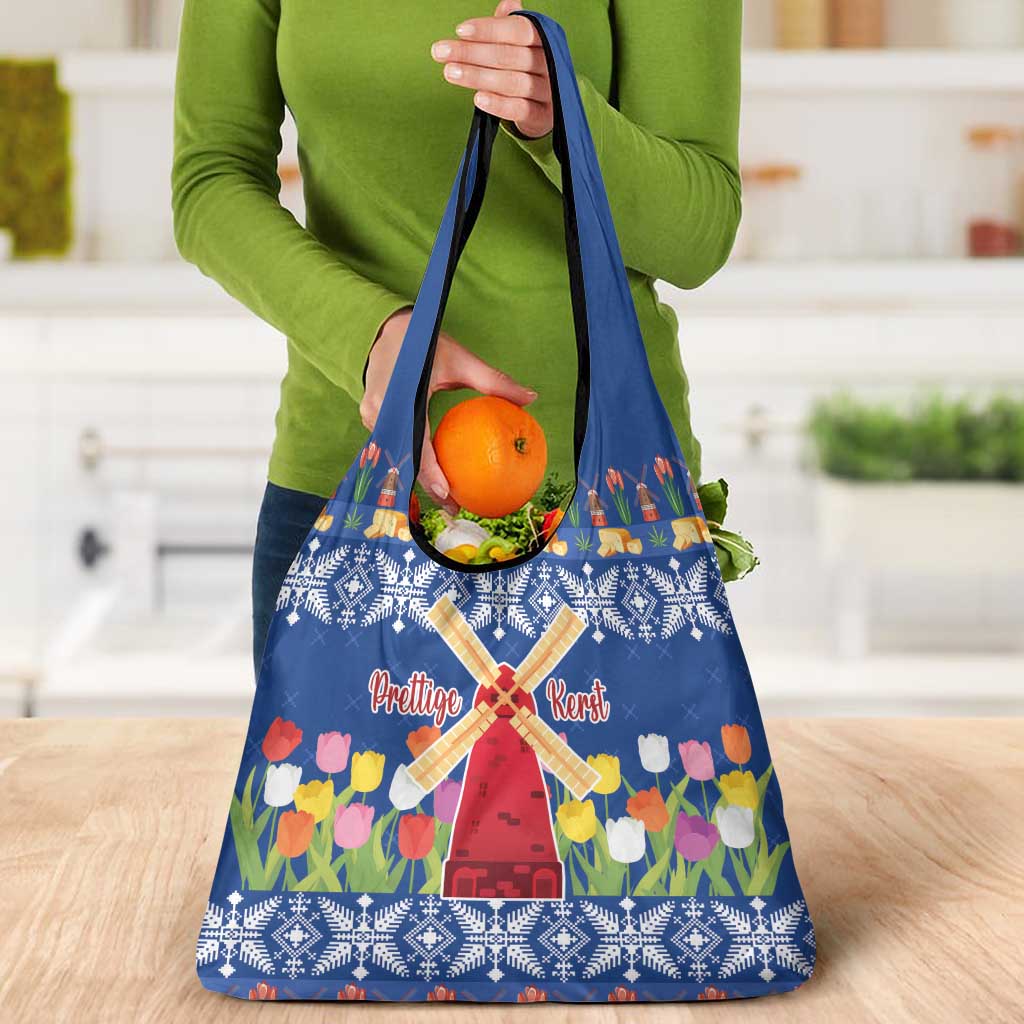 Netherlands Christmas Grocery Bag Windmills With Tulip Flowers