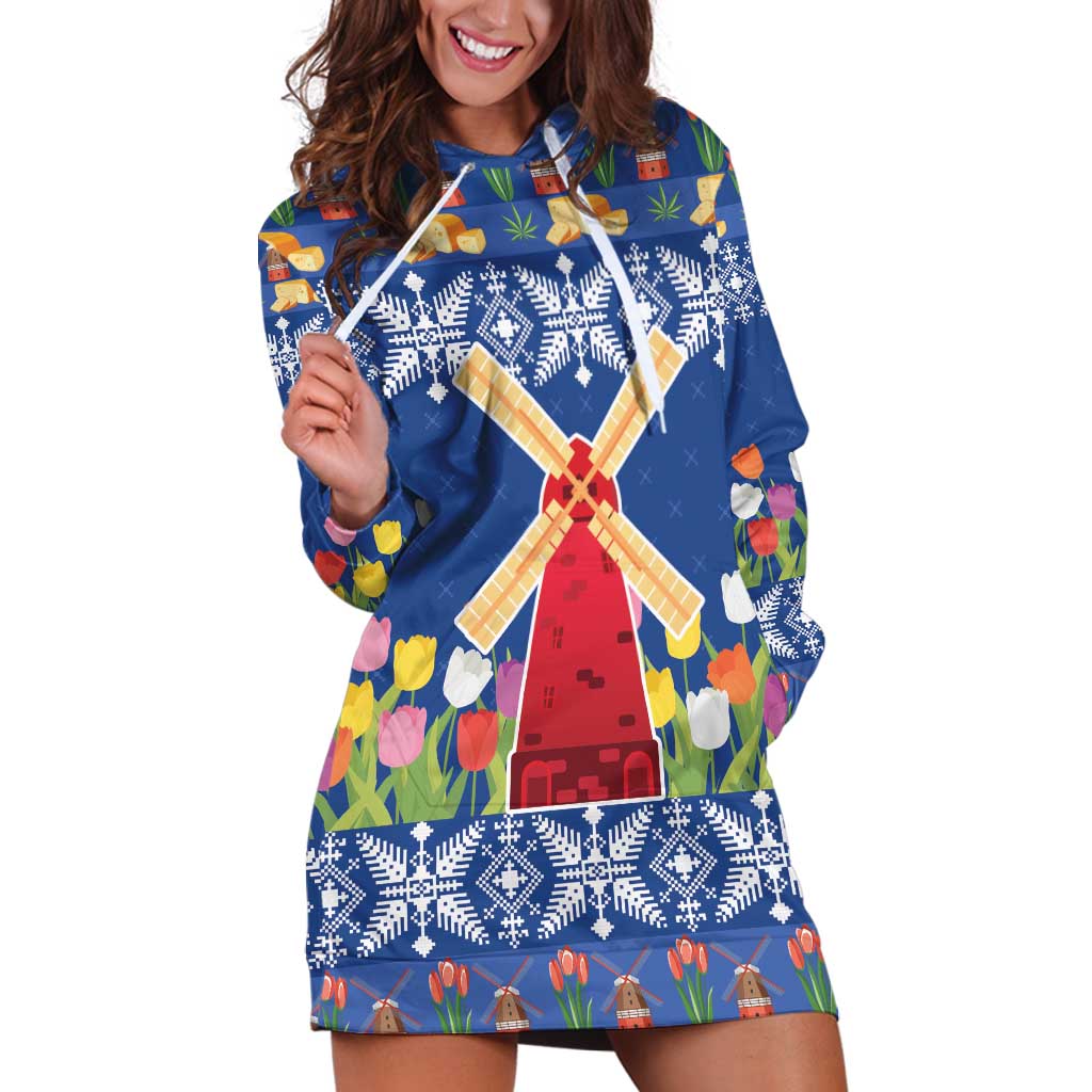 Netherlands Christmas Hoodie Dress Windmills With Tulip Flowers - Wonder Print Shop