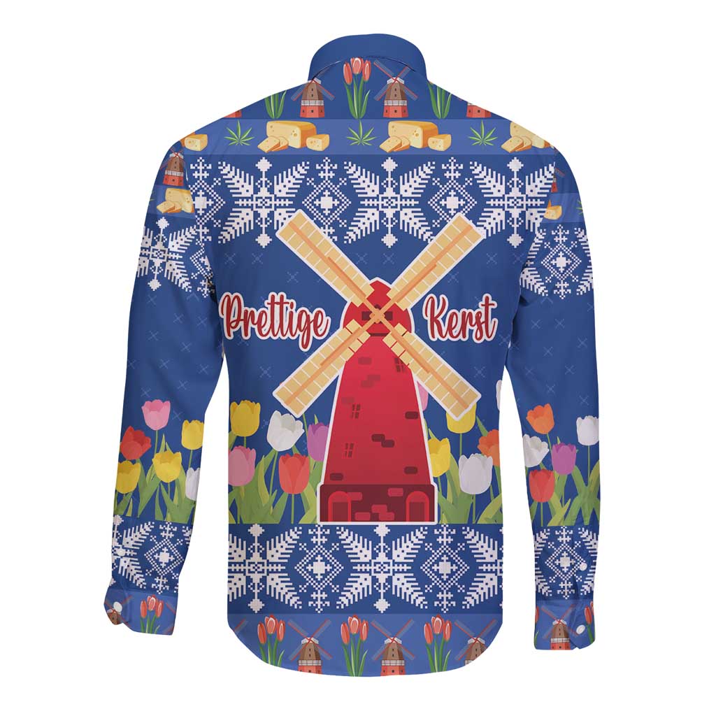 Netherlands Christmas Long Sleeve Button Shirt Windmills With Tulip Flowers - Wonder Print Shop