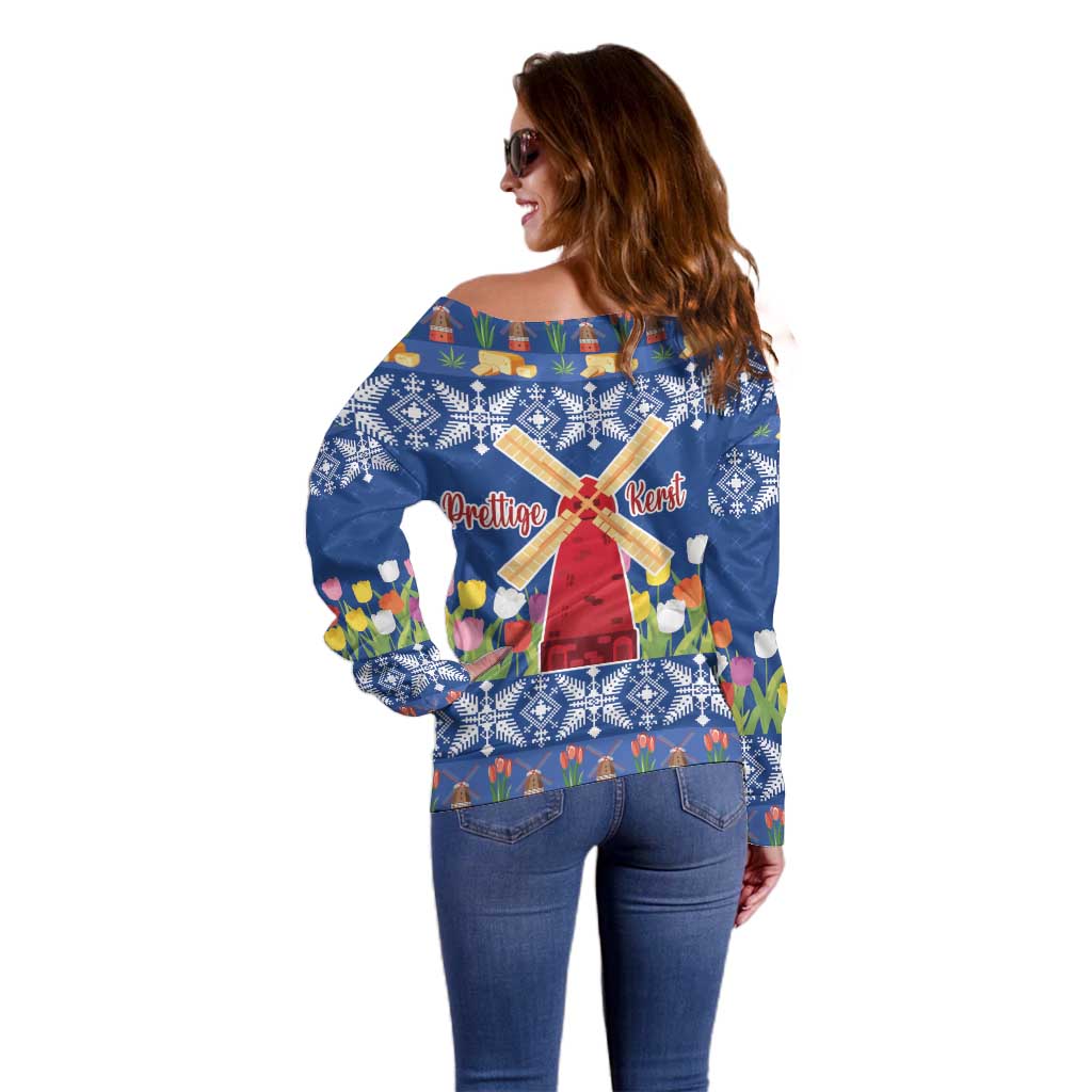 Netherlands Christmas Off Shoulder Sweater Windmills With Tulip Flowers - Wonder Print Shop