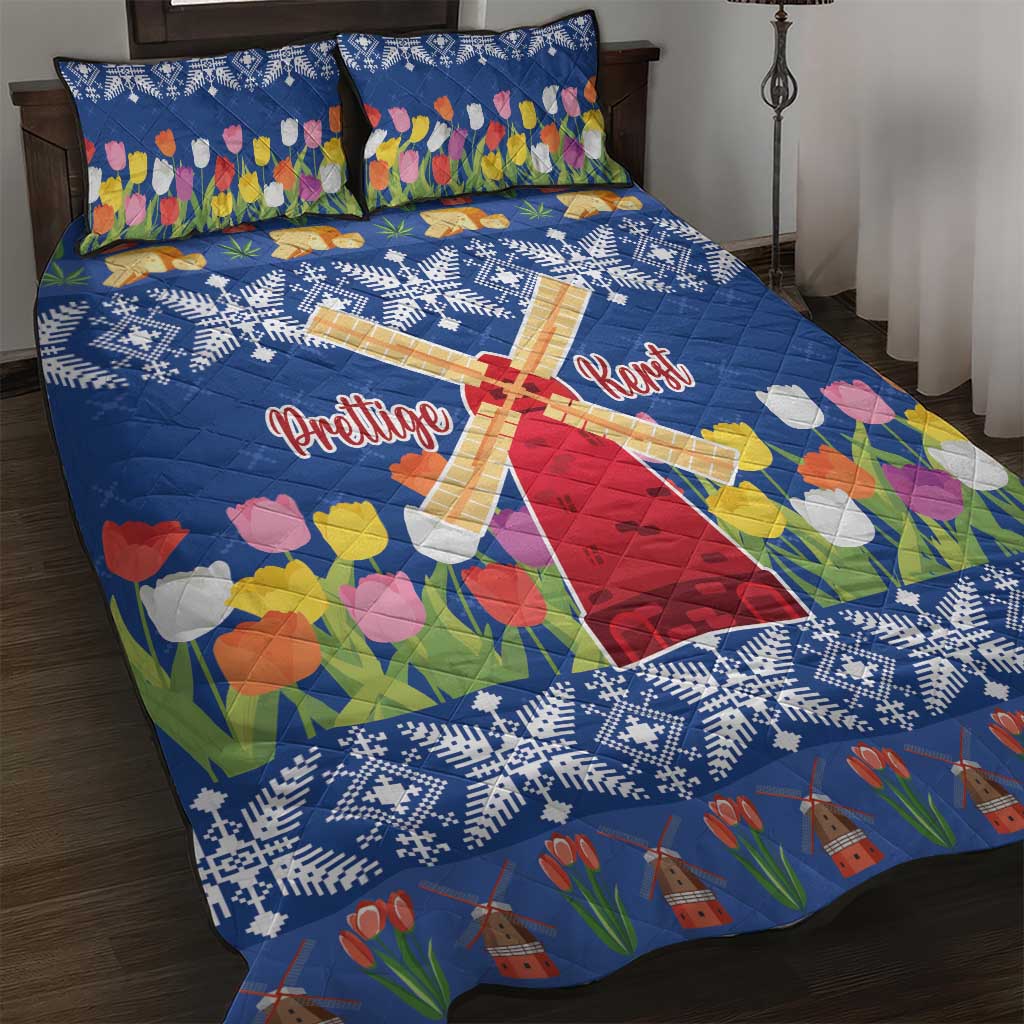 Netherlands Christmas Quilt Bed Set Windmills With Tulip Flowers - Wonder Print Shop