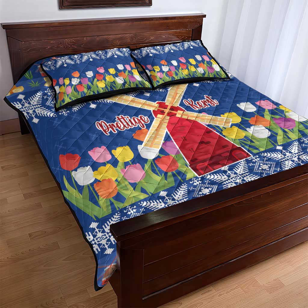 Netherlands Christmas Quilt Bed Set Windmills With Tulip Flowers - Wonder Print Shop