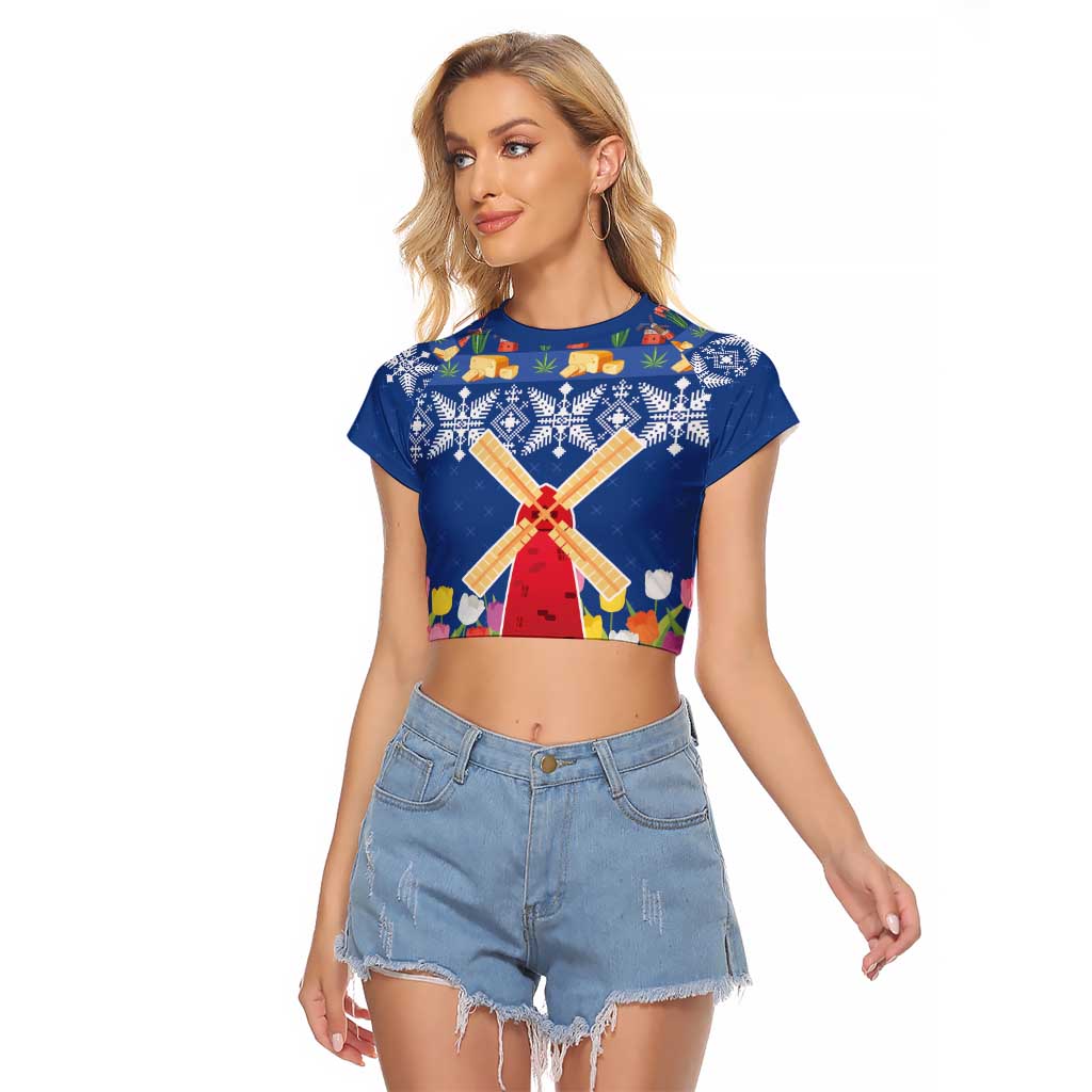 Netherlands Christmas Raglan Cropped T Shirt Windmills With Tulip Flowers - Wonder Print Shop