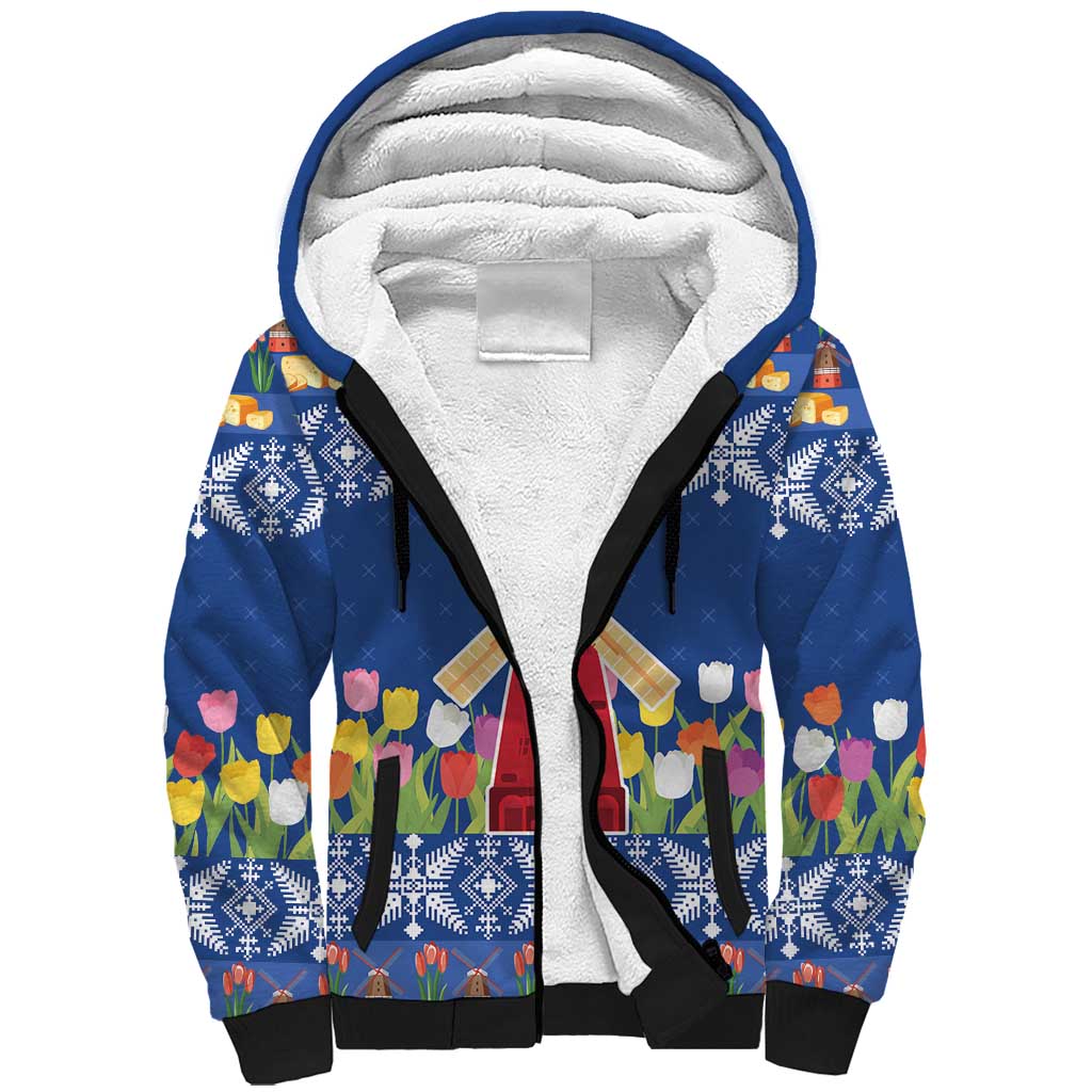 Netherlands Christmas Sherpa Hoodie Windmills With Tulip Flowers - Wonder Print Shop