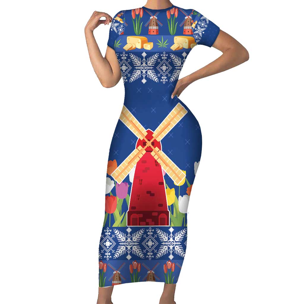 Netherlands Christmas Short Sleeve Bodycon Dress Windmills With Tulip Flowers - Wonder Print Shop