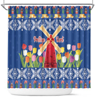 Netherlands Christmas Shower Curtain Windmills With Tulip Flowers