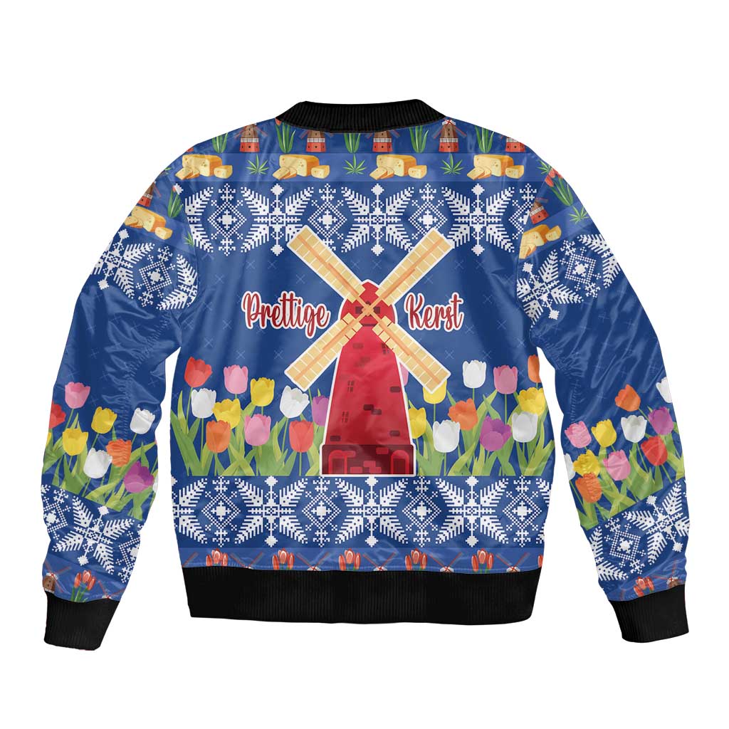Netherlands Christmas Sleeve Zip Bomber Jacket Windmills With Tulip Flowers - Wonder Print Shop