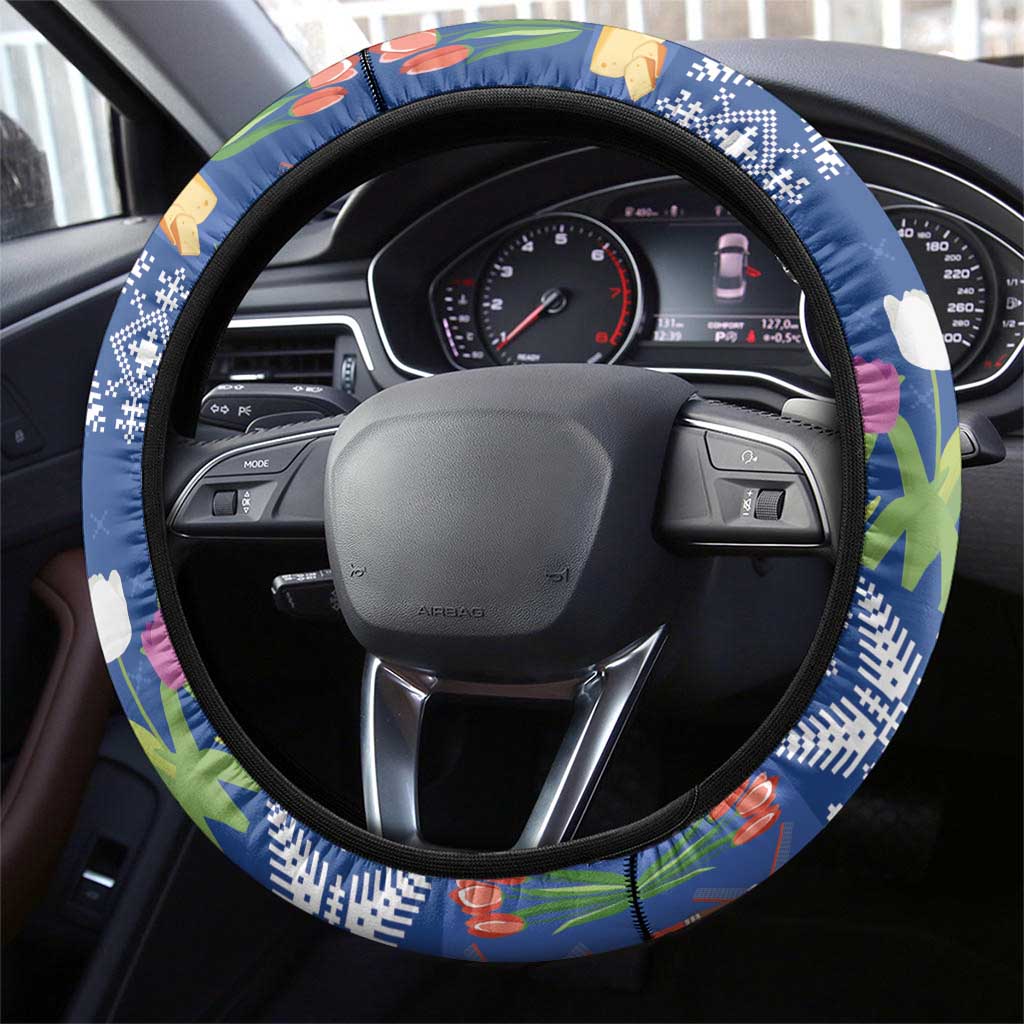 Netherlands Christmas Steering Wheel Cover Windmills With Tulip Flowers - Wonder Print Shop