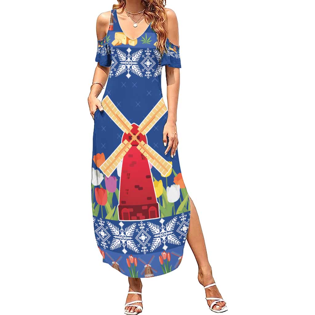 Netherlands Christmas Summer Maxi Dress Windmills With Tulip Flowers - Wonder Print Shop
