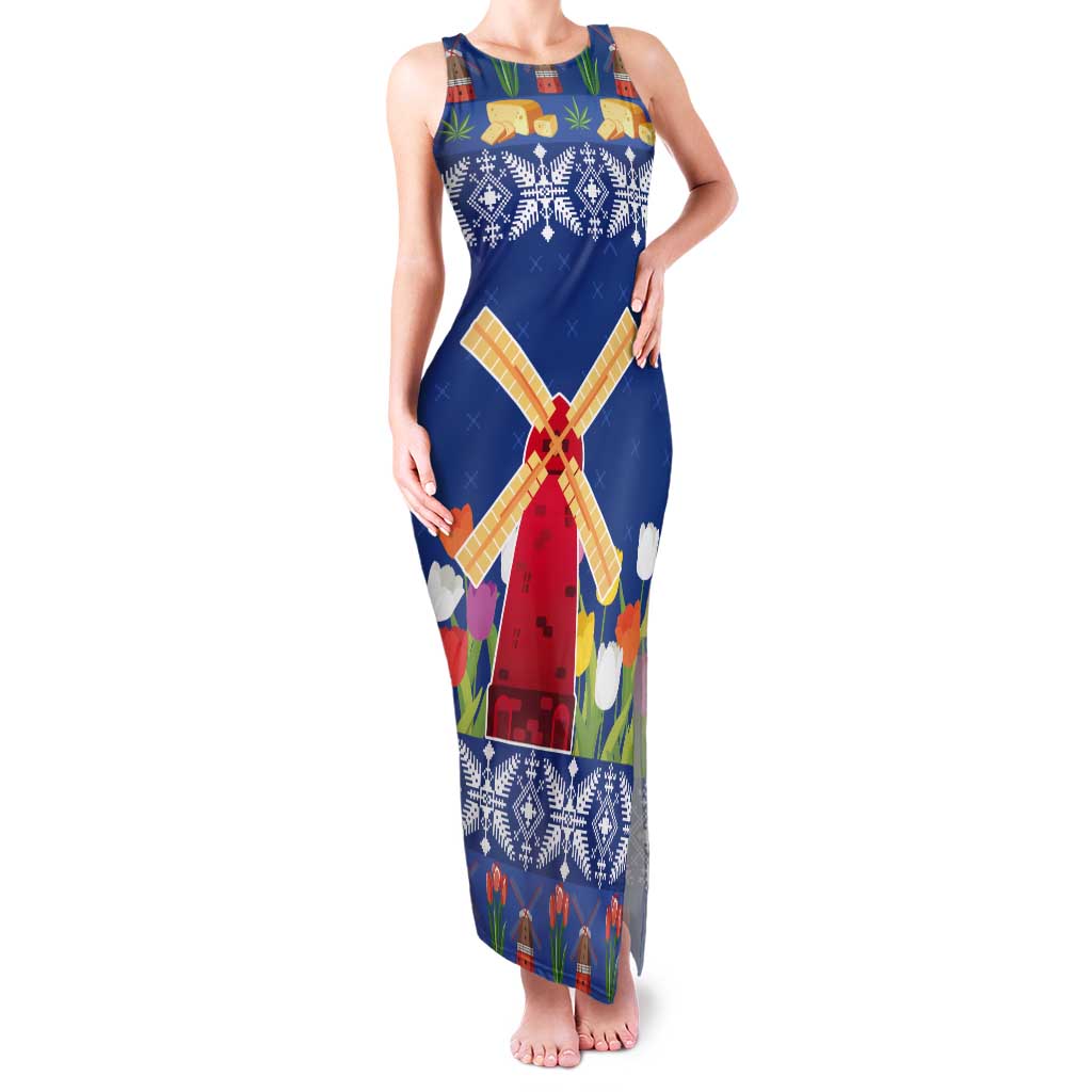 Netherlands Christmas Tank Maxi Dress Windmills With Tulip Flowers - Wonder Print Shop
