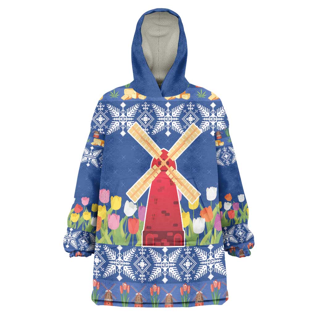 Netherlands Christmas Wearable Blanket Hoodie Windmills With Tulip Flowers - Wonder Print Shop