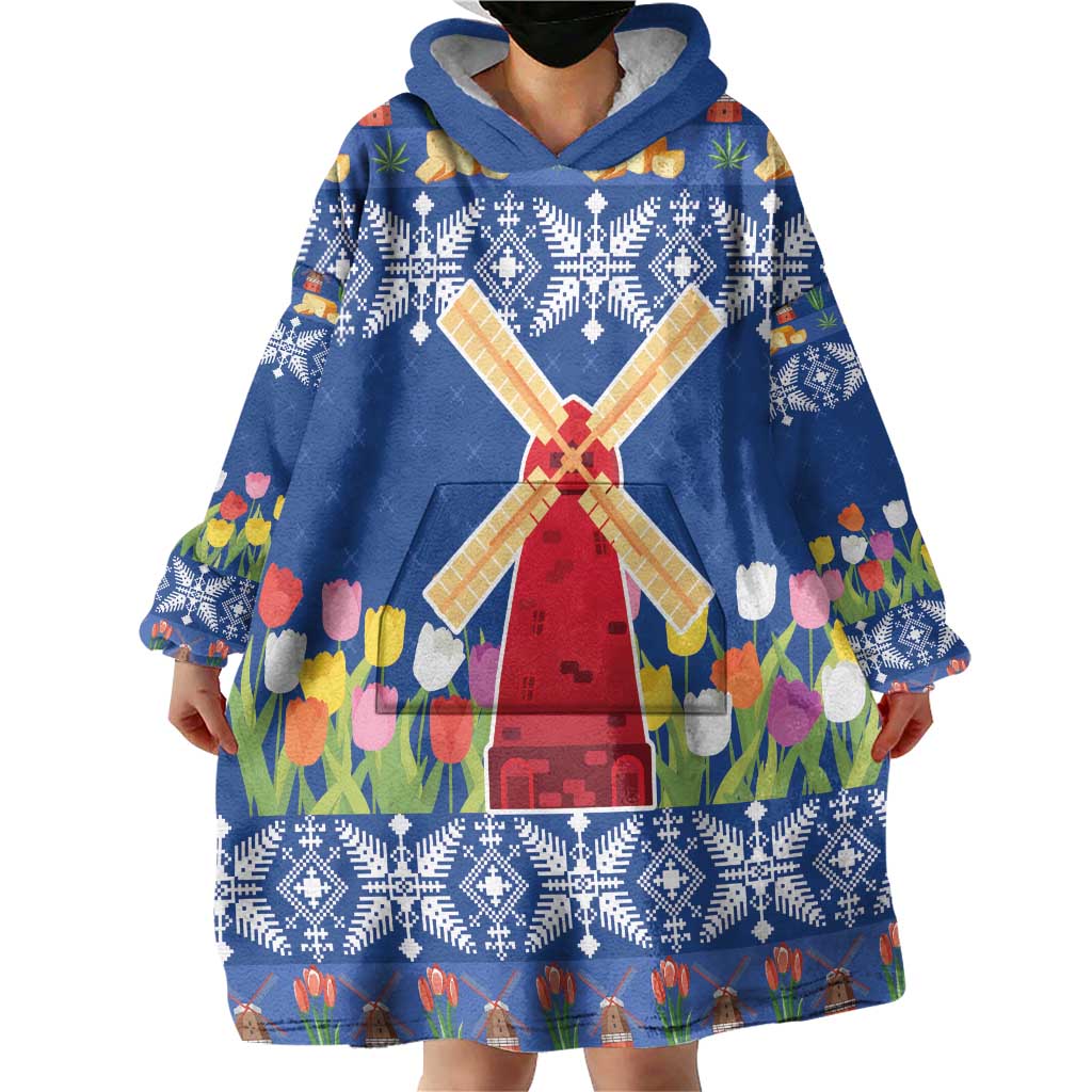 Netherlands Christmas Wearable Blanket Hoodie Windmills With Tulip Flowers - Wonder Print Shop