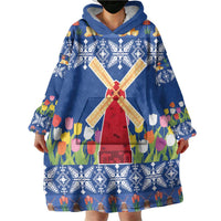 Netherlands Christmas Wearable Blanket Hoodie Windmills With Tulip Flowers - Wonder Print Shop