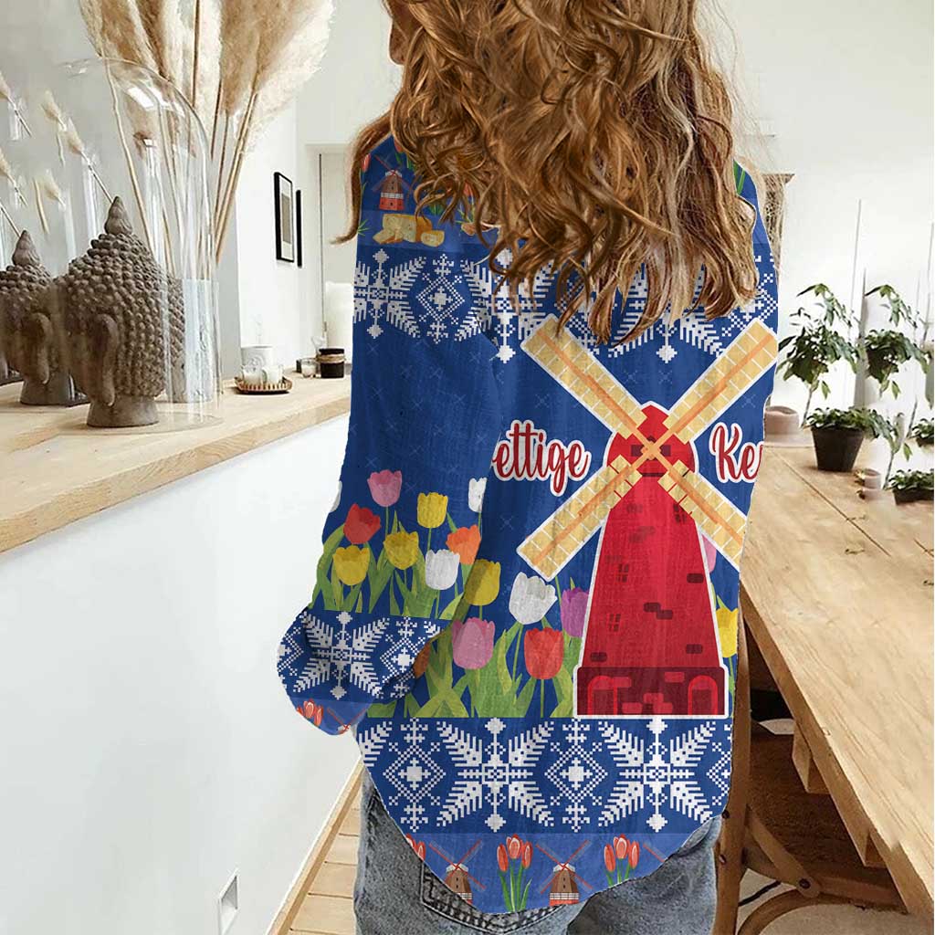 Netherlands Christmas Women Casual Shirt Windmills With Tulip Flowers - Wonder Print Shop