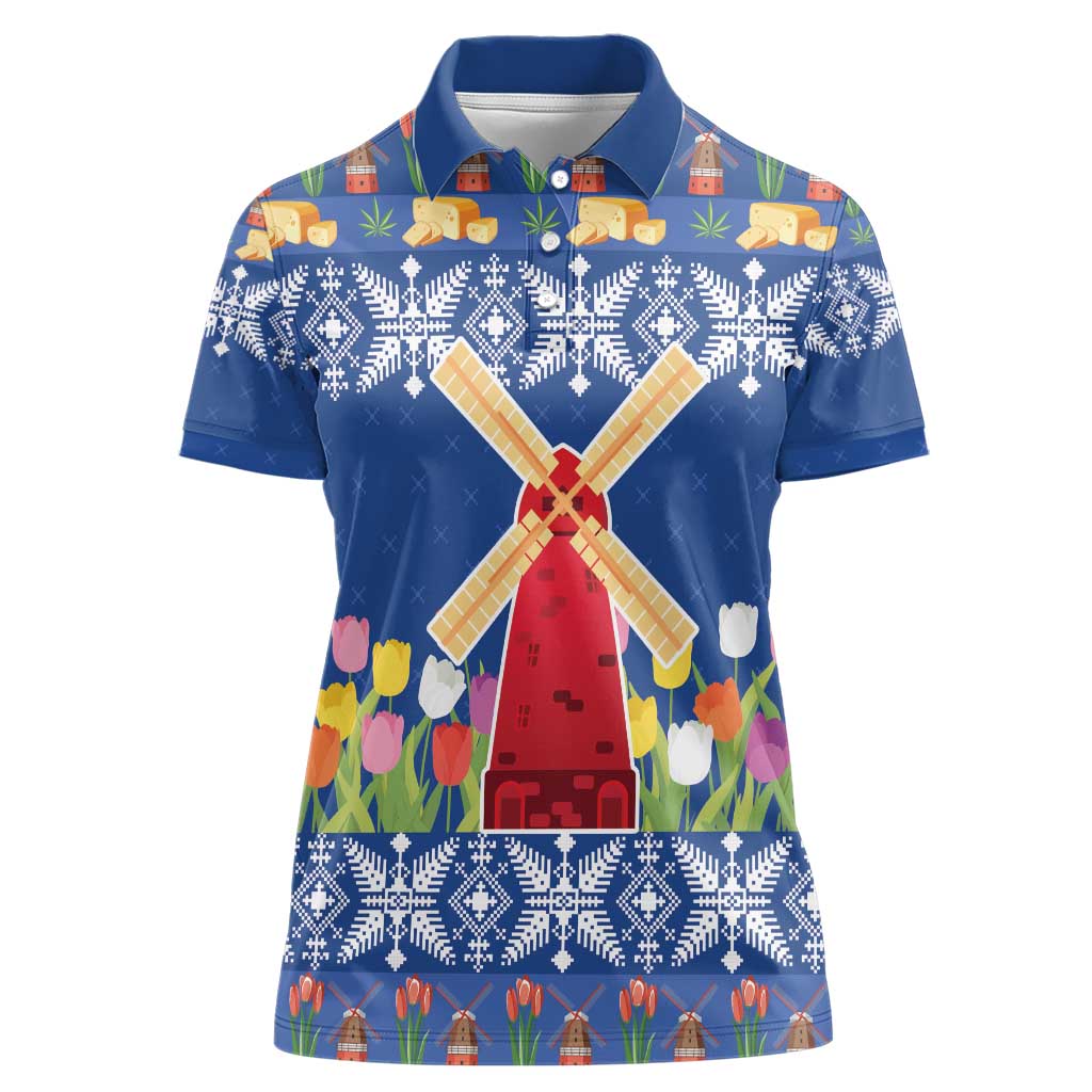 Netherlands Christmas Women Polo Shirt Windmills With Tulip Flowers - Wonder Print Shop