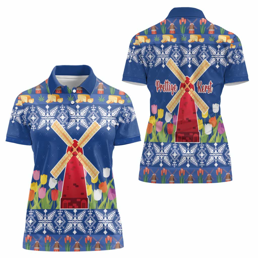 Netherlands Christmas Women Polo Shirt Windmills With Tulip Flowers - Wonder Print Shop