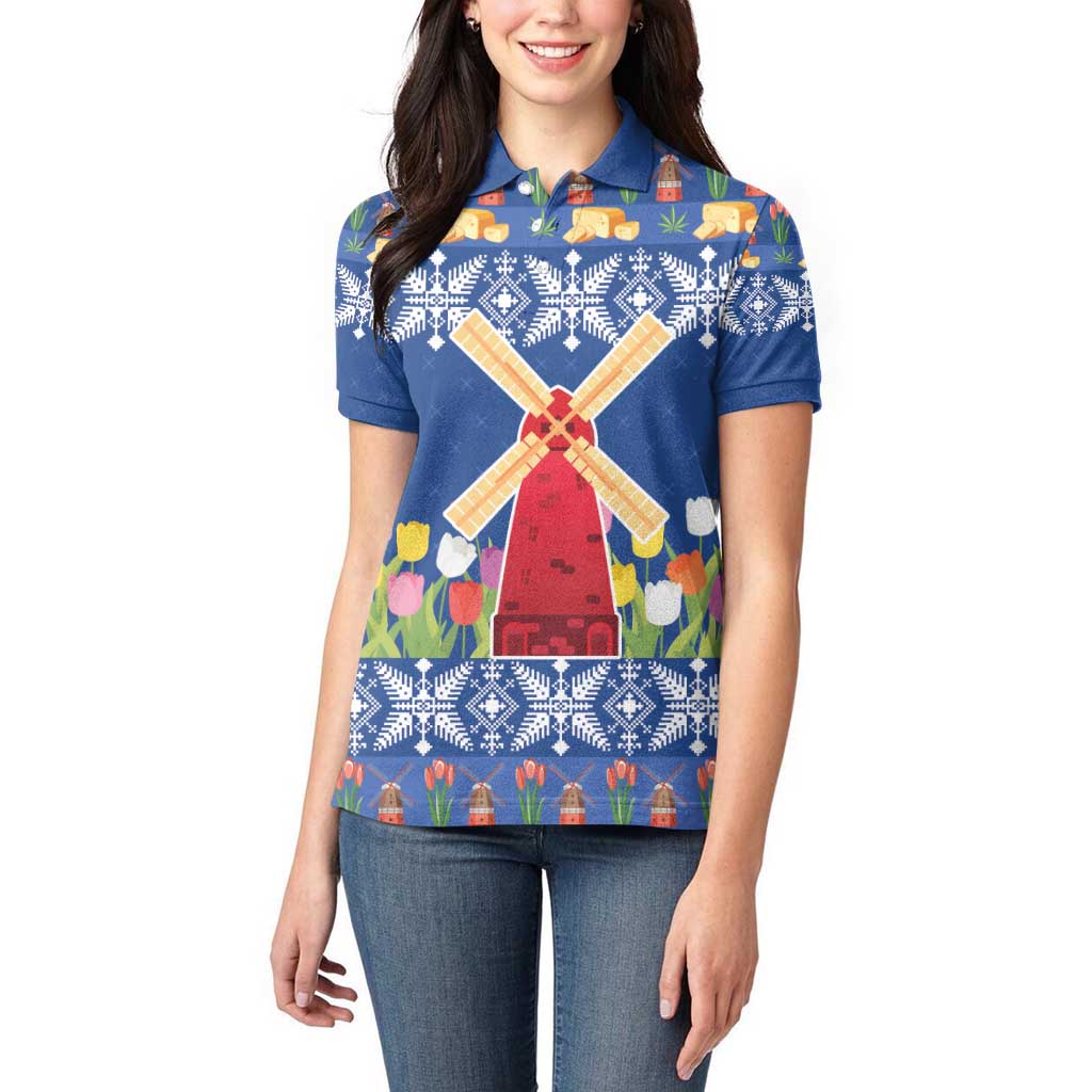 Netherlands Christmas Women Polo Shirt Windmills With Tulip Flowers - Wonder Print Shop