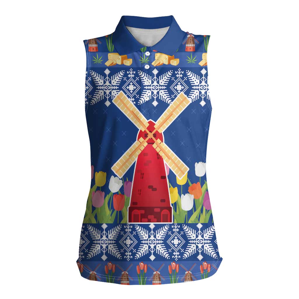 Netherlands Christmas Women Sleeveless Polo Shirt Windmills With Tulip Flowers - Wonder Print Shop