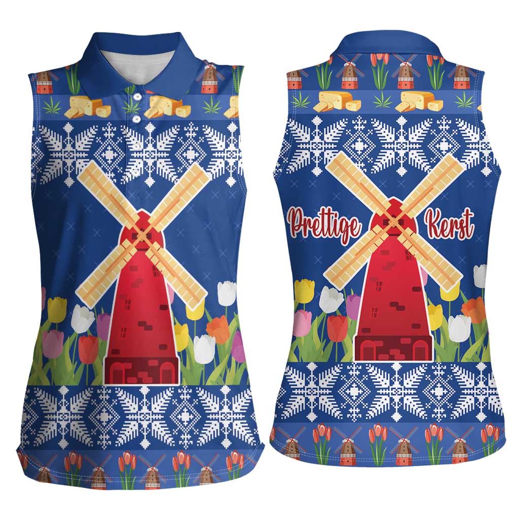 Netherlands Christmas Women Sleeveless Polo Shirt Windmills With Tulip Flowers - Wonder Print Shop