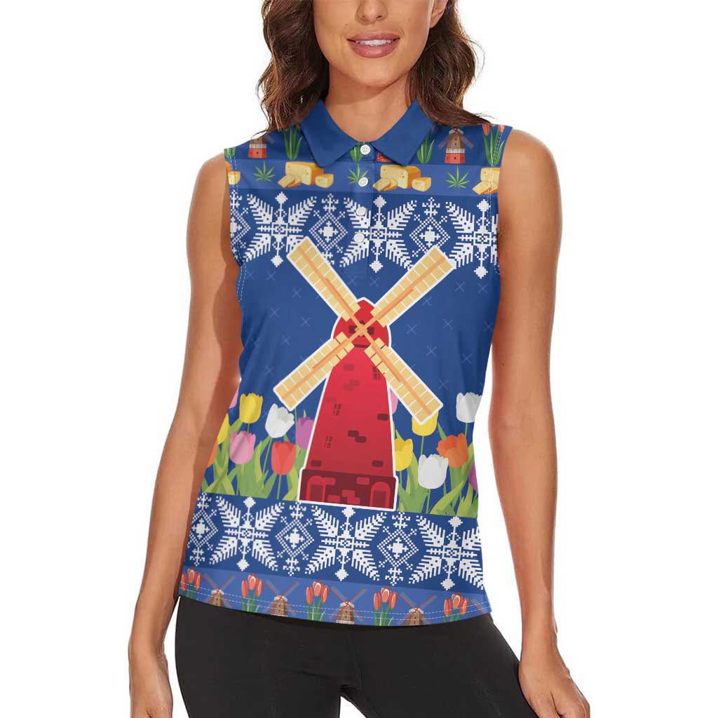 Netherlands Christmas Women Sleeveless Polo Shirt Windmills With Tulip Flowers - Wonder Print Shop