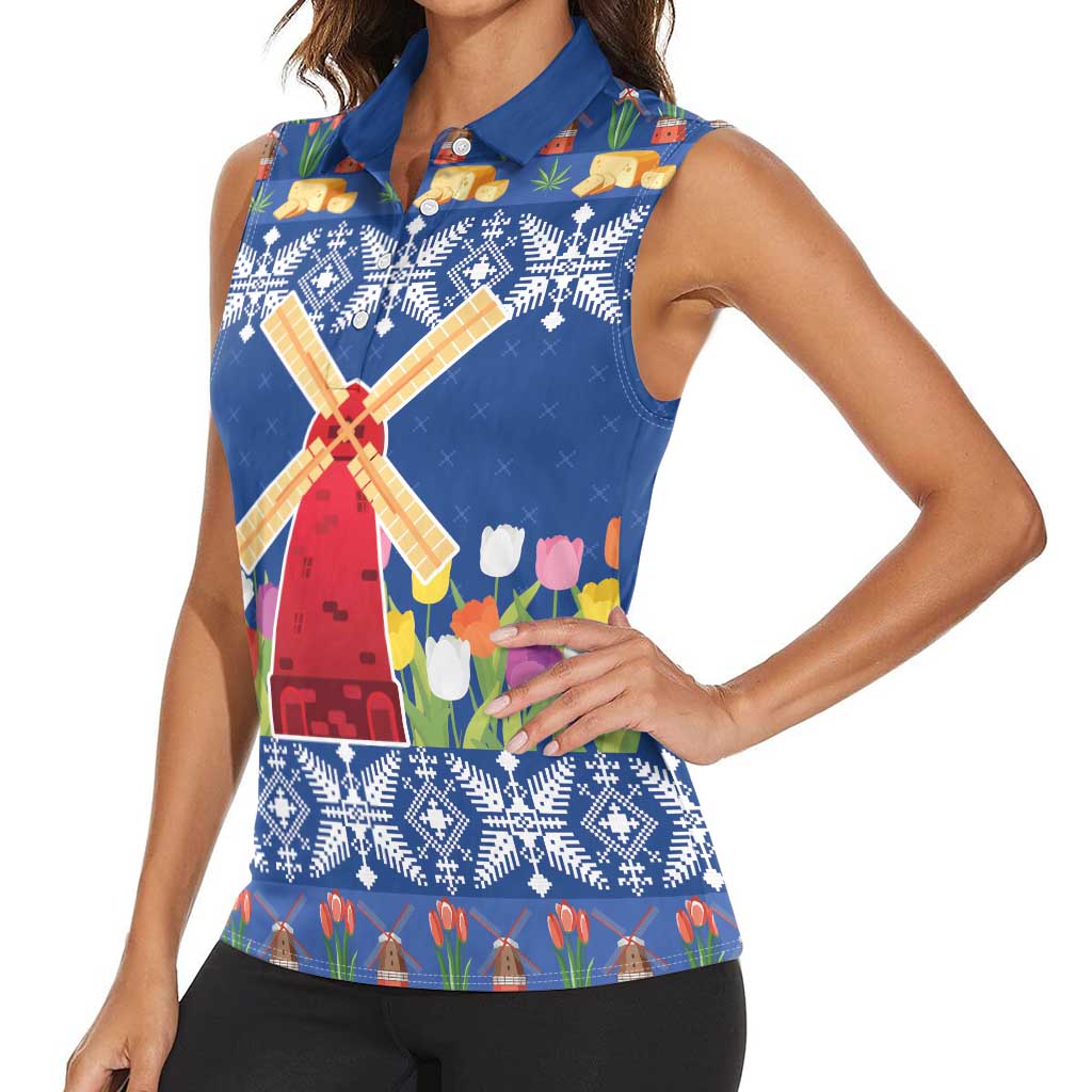 Netherlands Christmas Women Sleeveless Polo Shirt Windmills With Tulip Flowers - Wonder Print Shop