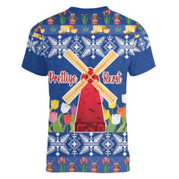Netherlands Christmas Women V-Neck T-Shirt Windmills With Tulip Flowers - Wonder Print Shop
