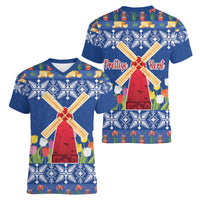 Netherlands Christmas Women V-Neck T-Shirt Windmills With Tulip Flowers - Wonder Print Shop