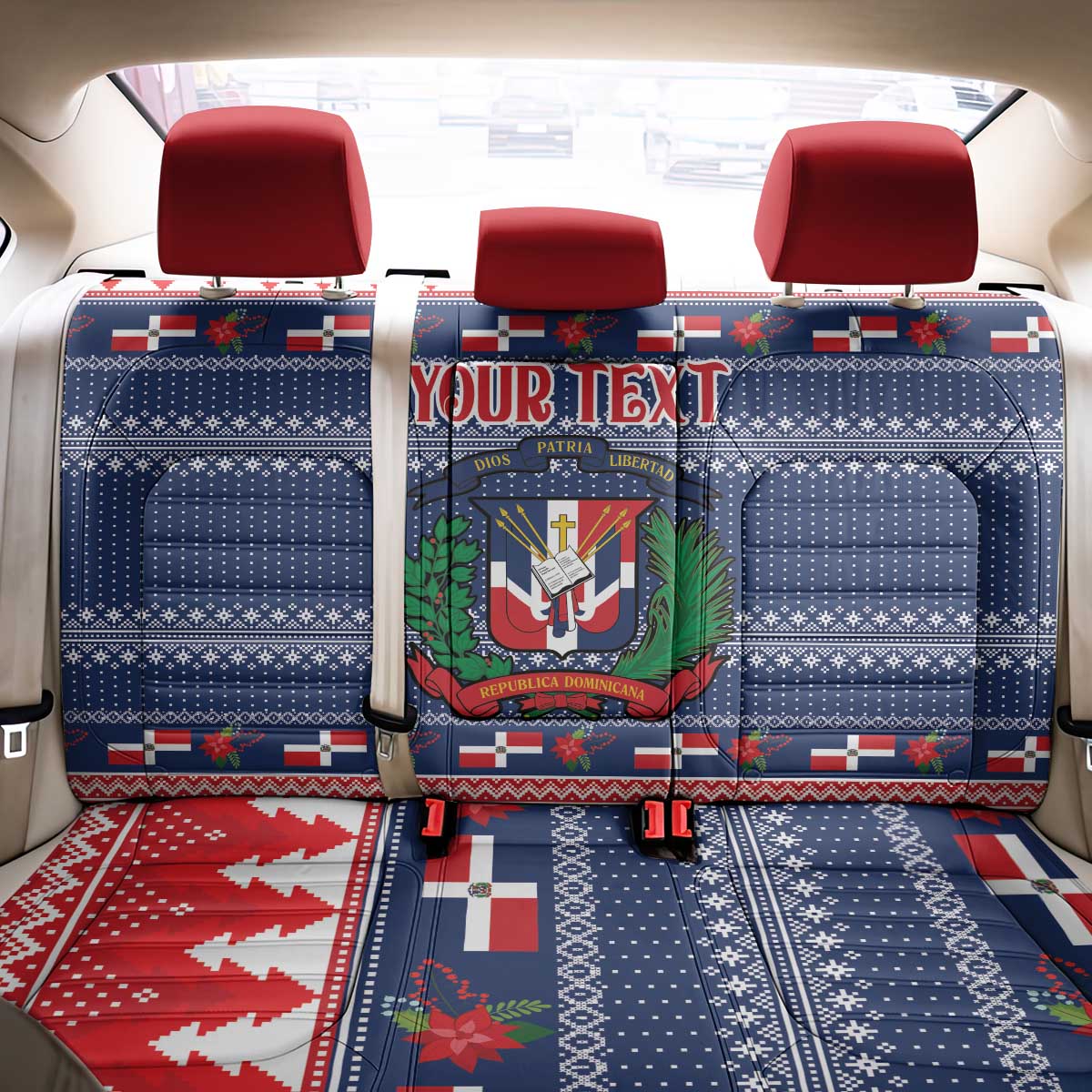 Personalized Dominican Republic Christmas Back Car Seat Cover Dominicana Coat Of Arms Christmas Pattern - Wonder Print Shop