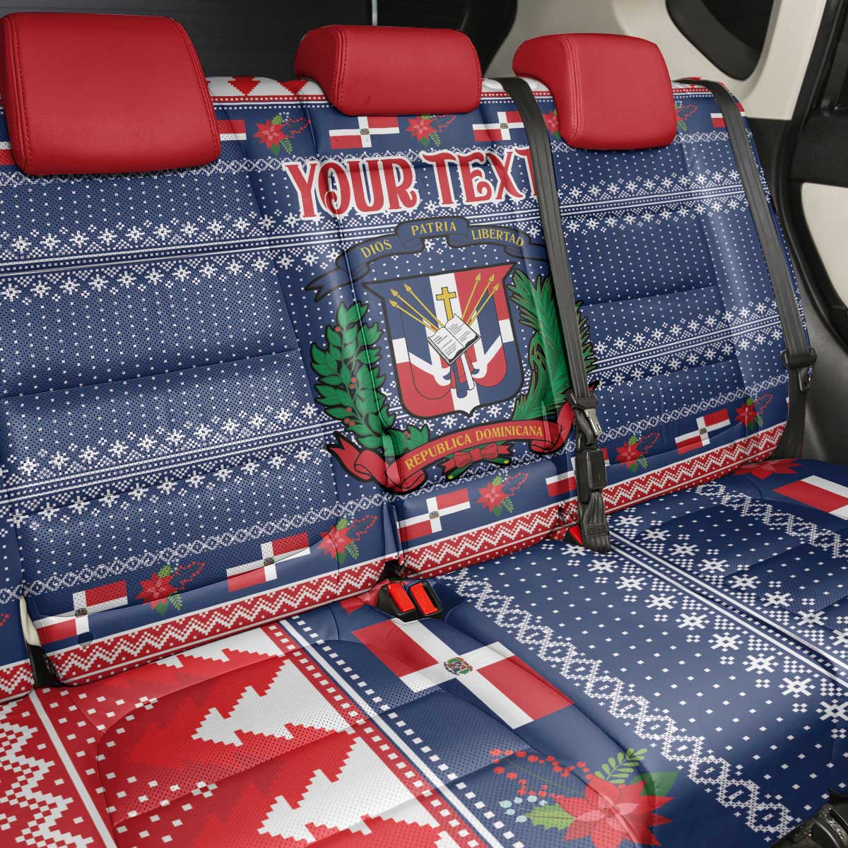 Personalized Dominican Republic Christmas Back Car Seat Cover Dominicana Coat Of Arms Christmas Pattern - Wonder Print Shop
