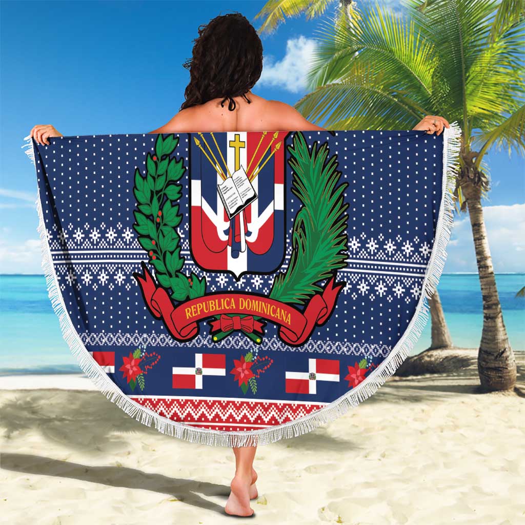Personalized Dominican Republic Christmas Beach Blanket Dominicana Coat Of Arms Christmas Pattern - Wonder Print Shop