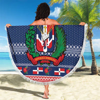 Personalized Dominican Republic Christmas Beach Blanket Dominicana Coat Of Arms Christmas Pattern - Wonder Print Shop