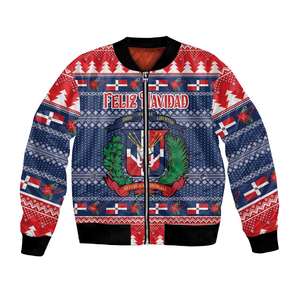 Personalized Dominican Republic Christmas Bomber Jacket Dominicana Coat Of Arms Christmas Pattern - Wonder Print Shop